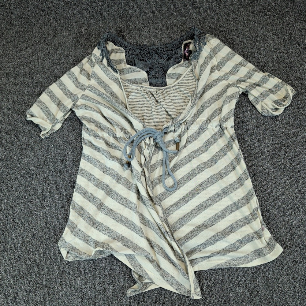 Almost Famous Womens Top Large Gray White Striped Lace Back Boho Babydoll Shirt